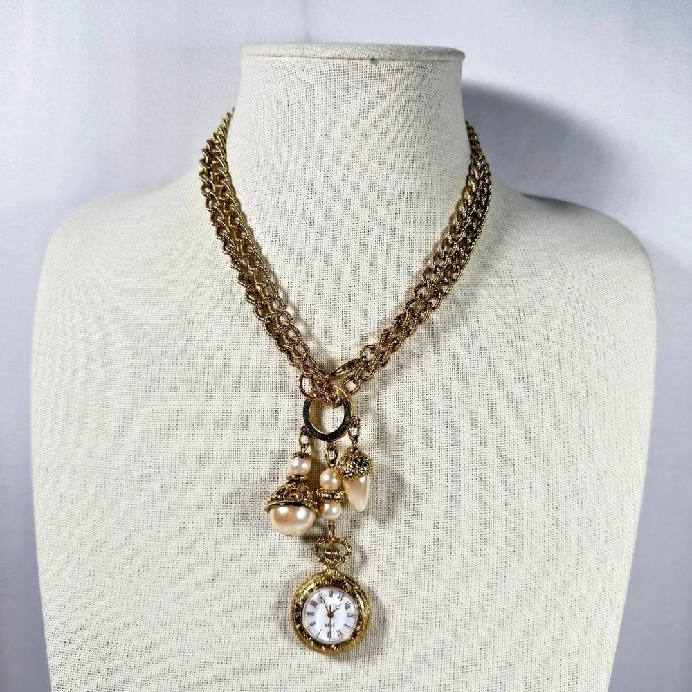 Vintage 1928 Watch Necklace Faux Pearl Dangle Drop 32